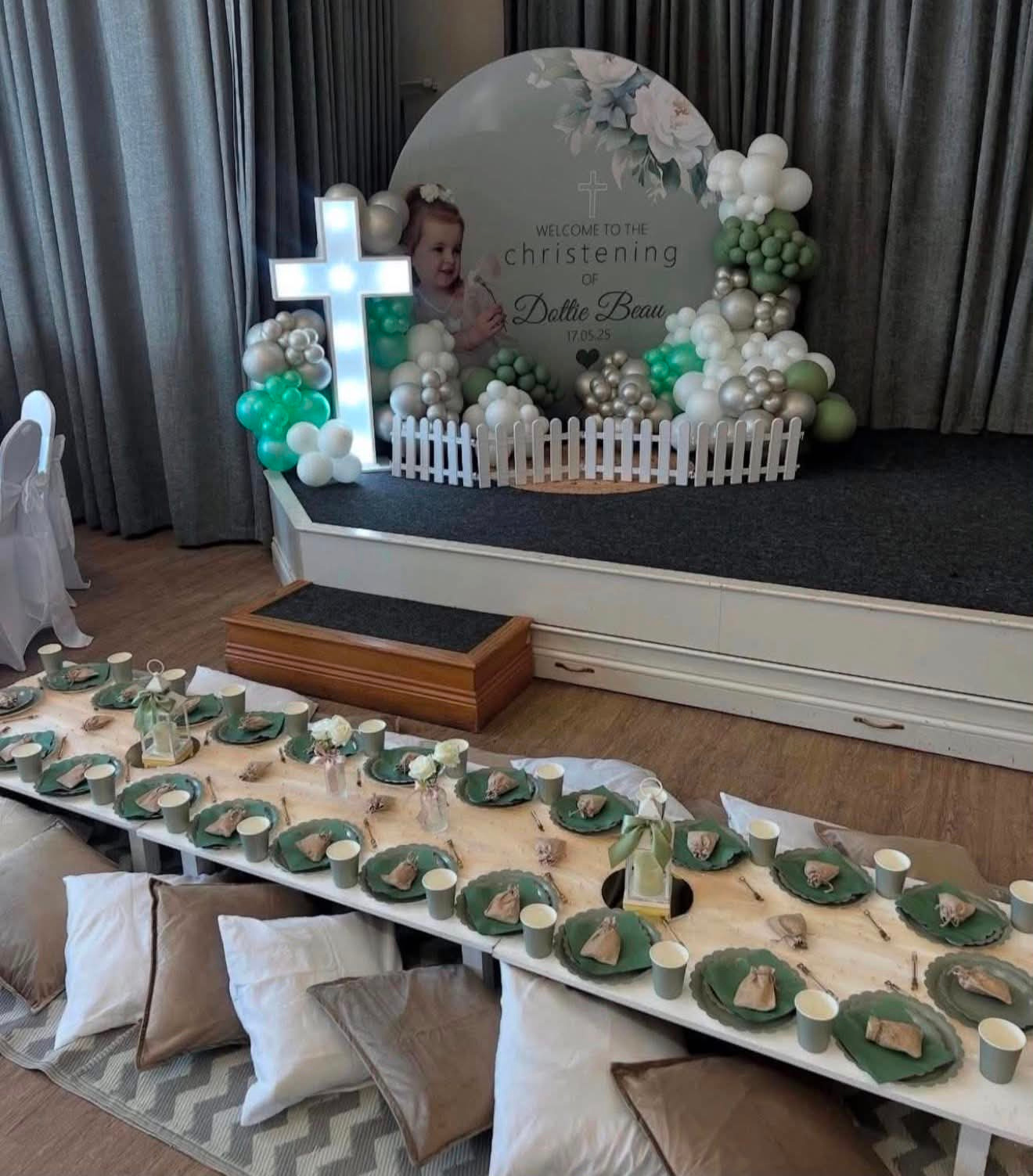 Sage green personalised picnic tables for a christening