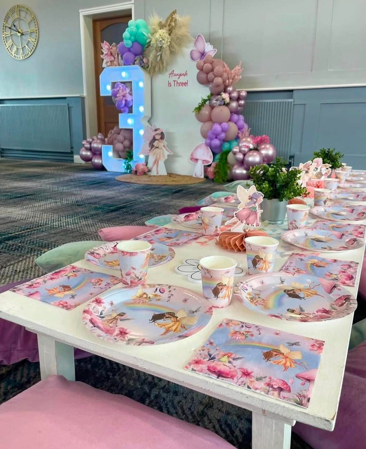 Pastel fairy personalised picnic table setup